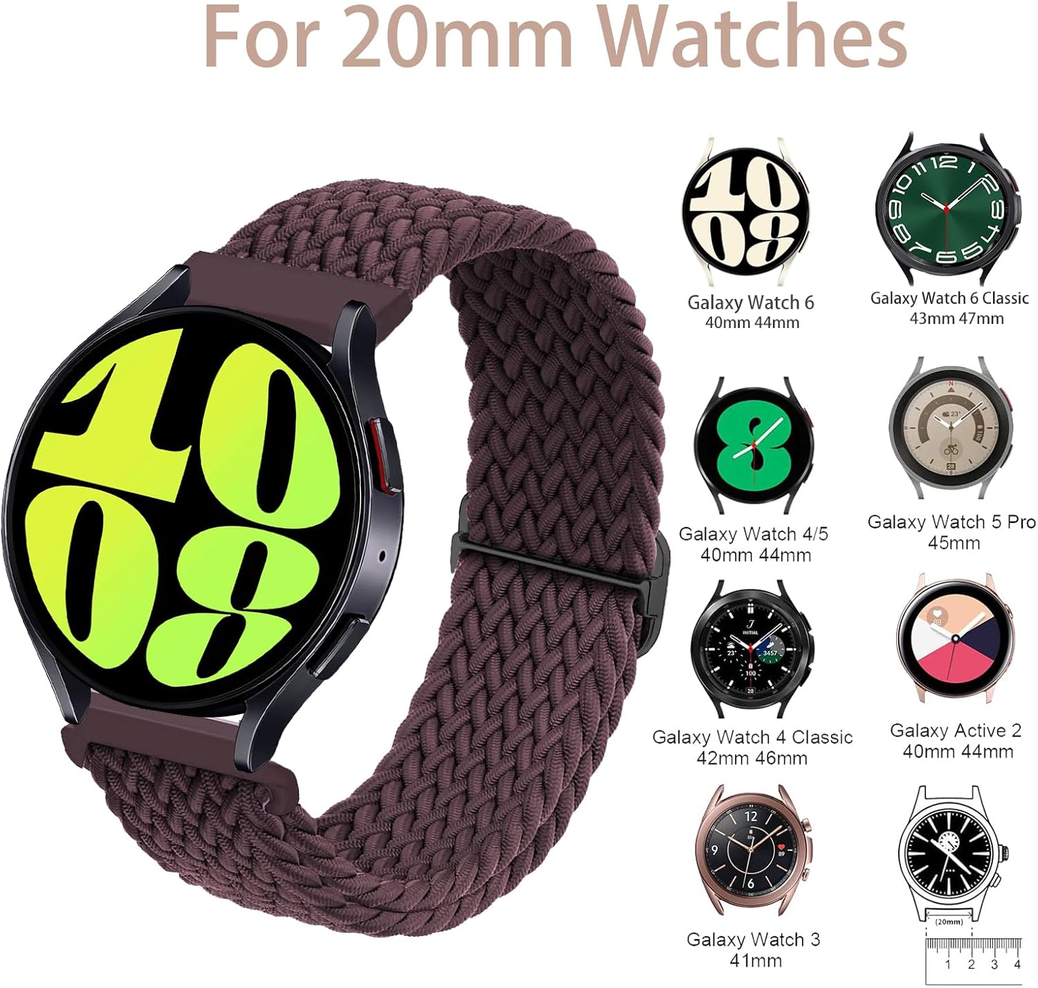 Correas trenzadas de 0.77 pulgadas para Samsung Galaxy Watch 654 de 1.57 pulgadas, 1.73 pulgadas, Galaxy Watch 6 Classic de 1.77 y 1.65 pulgadas,