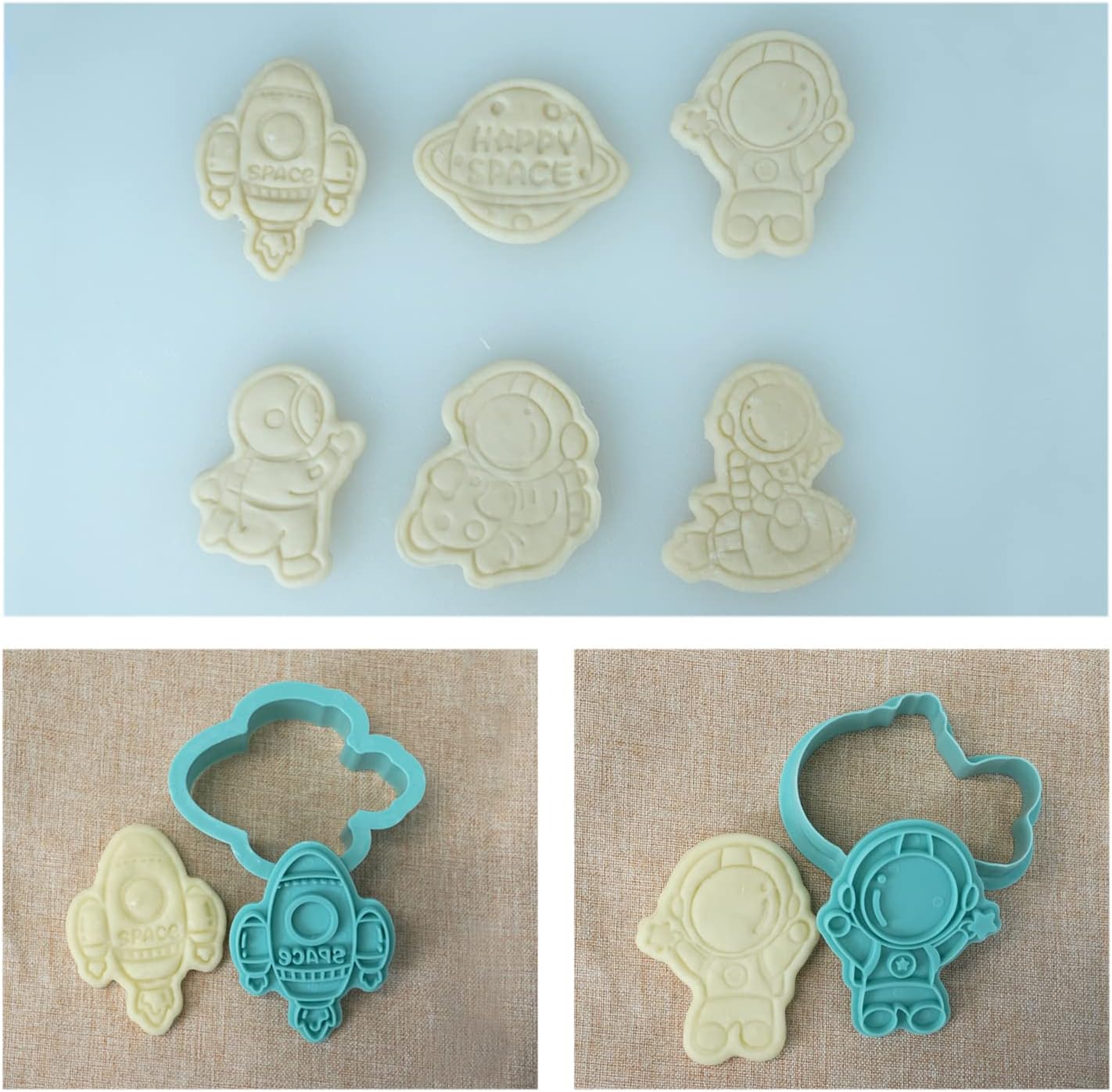 Astronaut – Juego de cortadores de galletas 3D con sellos de émbolo, 6 piezas de cortadores de galletas prensables de dibujos animados con forma