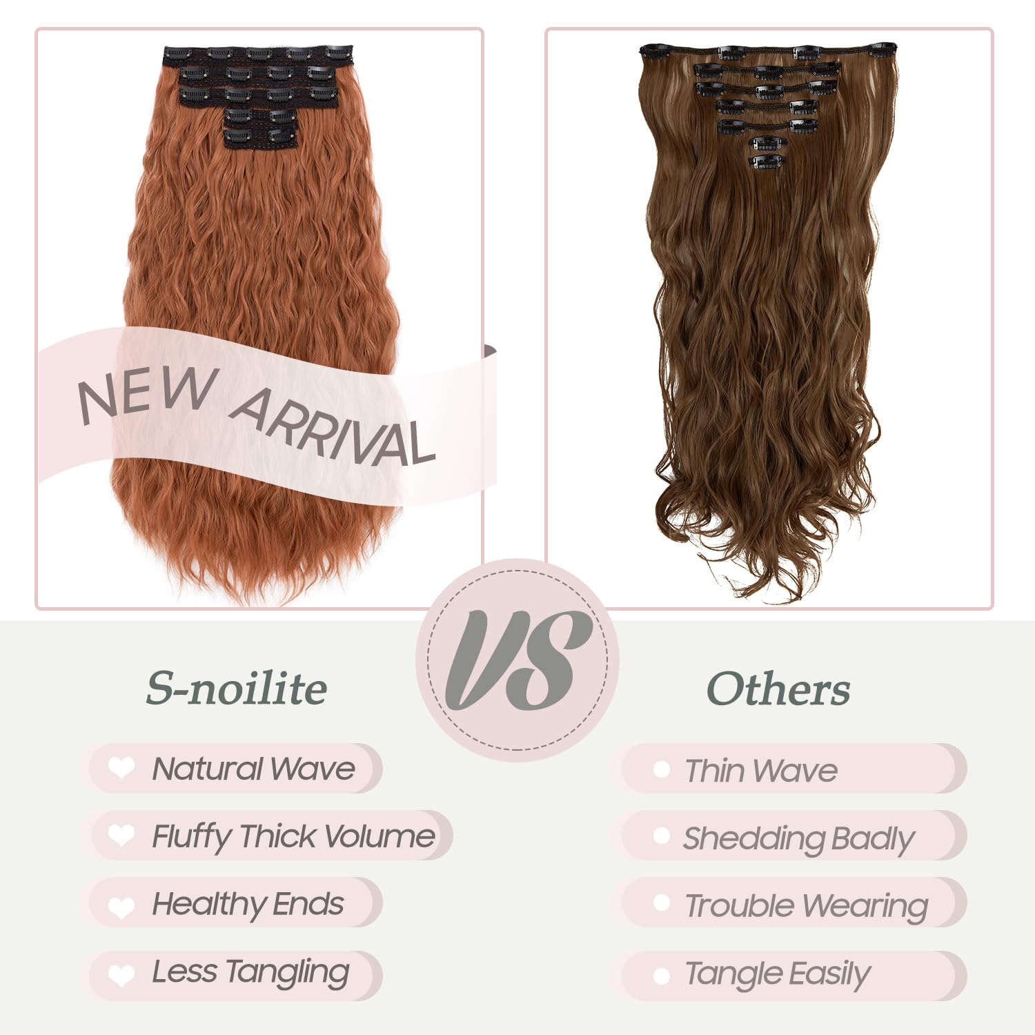 S-noilite Extensiones de cabello con clip de 24 pulgadas, 5 unidades, extensiones de cabello ondulado sintético grueso y natural, extensiones de