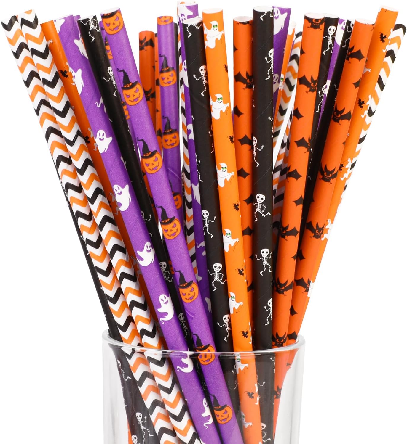 150 popotes de papel de Halloween, 6 estilos mixtos, pajitas desechables para fiestas de Halloween, suministros de decoración de fiesta de Halloween