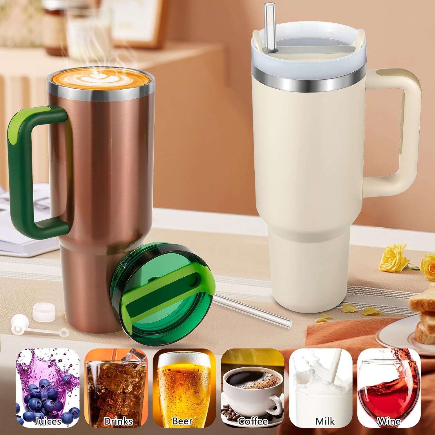 Vaso aislado al vacío de acero inoxidable de 40 onzas con tapa y popote para agua, batidos y más, té helado o café (crema)