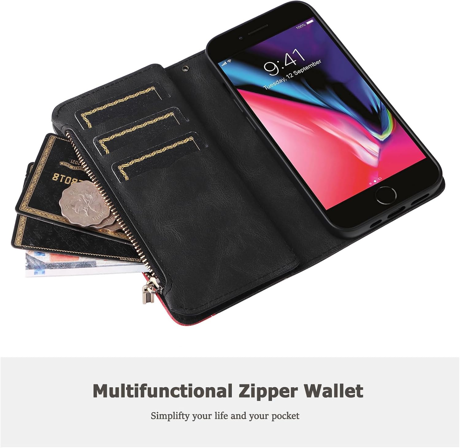 Asuwish Funda de teléfono para iPhone 66s78SE 2020 2022 Funda tipo cartera con protector de pantalla y cremallera abatible para tarjetero, ranura