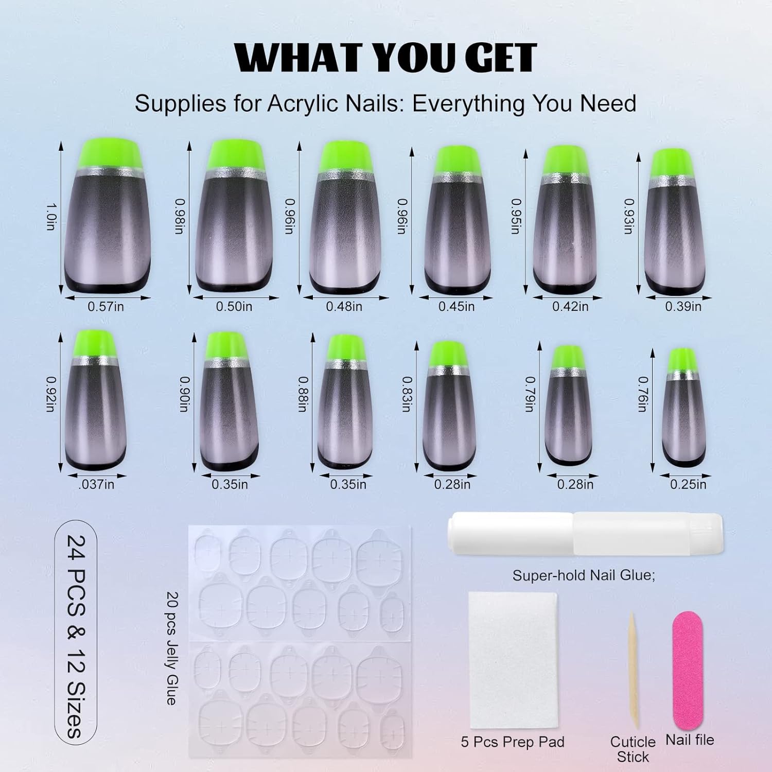 Uñas postizas a presión en forma de ataúd, color gris medio, verde transparente, punta francesa, uñas postizas de gel suave para mujer, ajuste