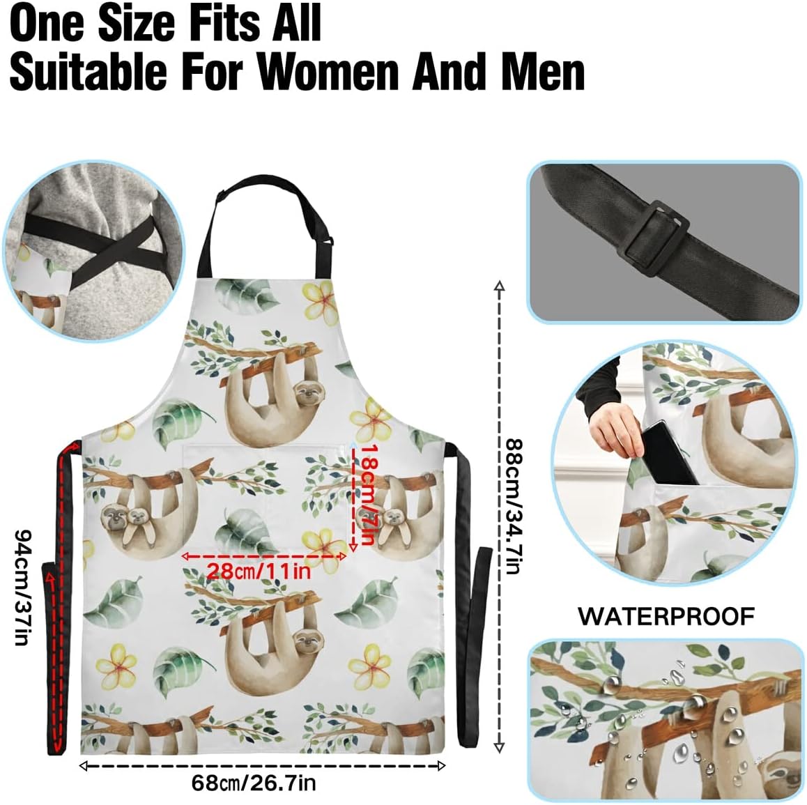 Delantales largos de cocina para mujer, con 2 bolsillos, talla grande, correa ajustable impermeable para el cuello, delantal de chef para hombres y