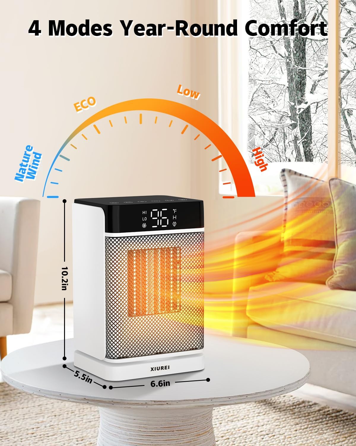Calentador de espacio para uso en interiores, calor rápido de cerámica PTC de 1500 W, calentador portátil con termostato, modo ECO, oscilación de