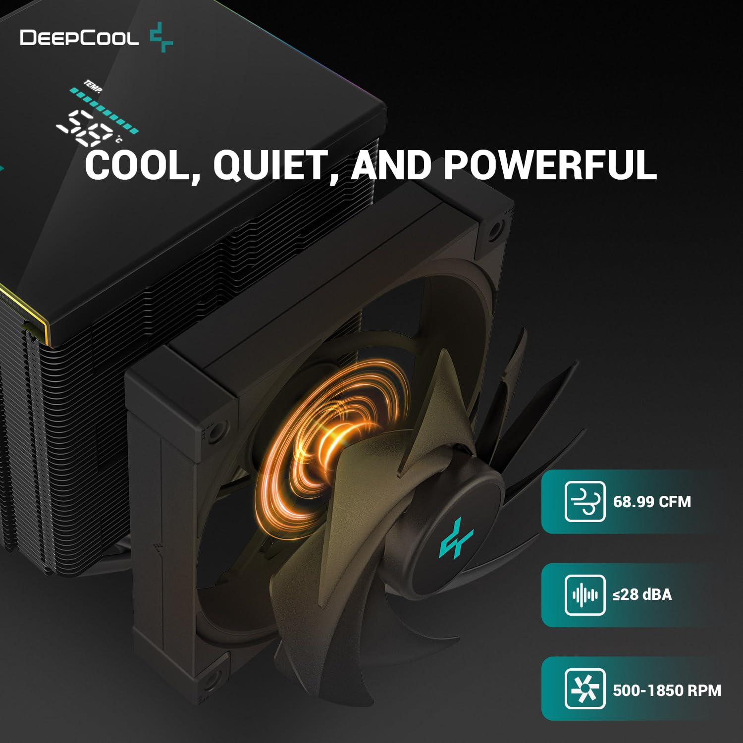 DeepCool AK620 Enfriador de aire digital para CPU Mighty 260w TDP 6 tubos de calor de cobre de doble torre con pantalla de estado y tiras LED ARGB