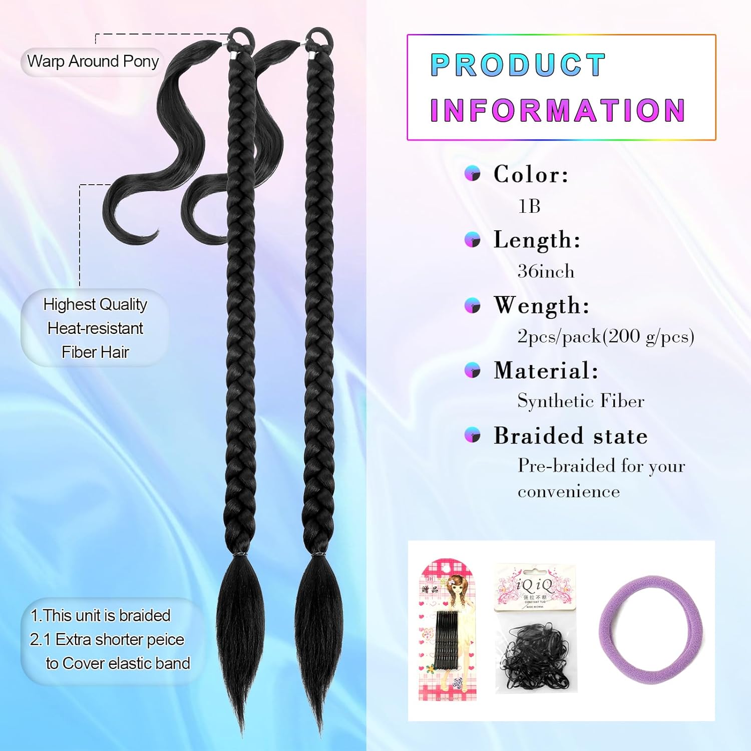 Extensión de cola de caballo, extensión de cola de caballo trenzada para mujeres negras con banda para el cabello, envoltura recta con extensión de