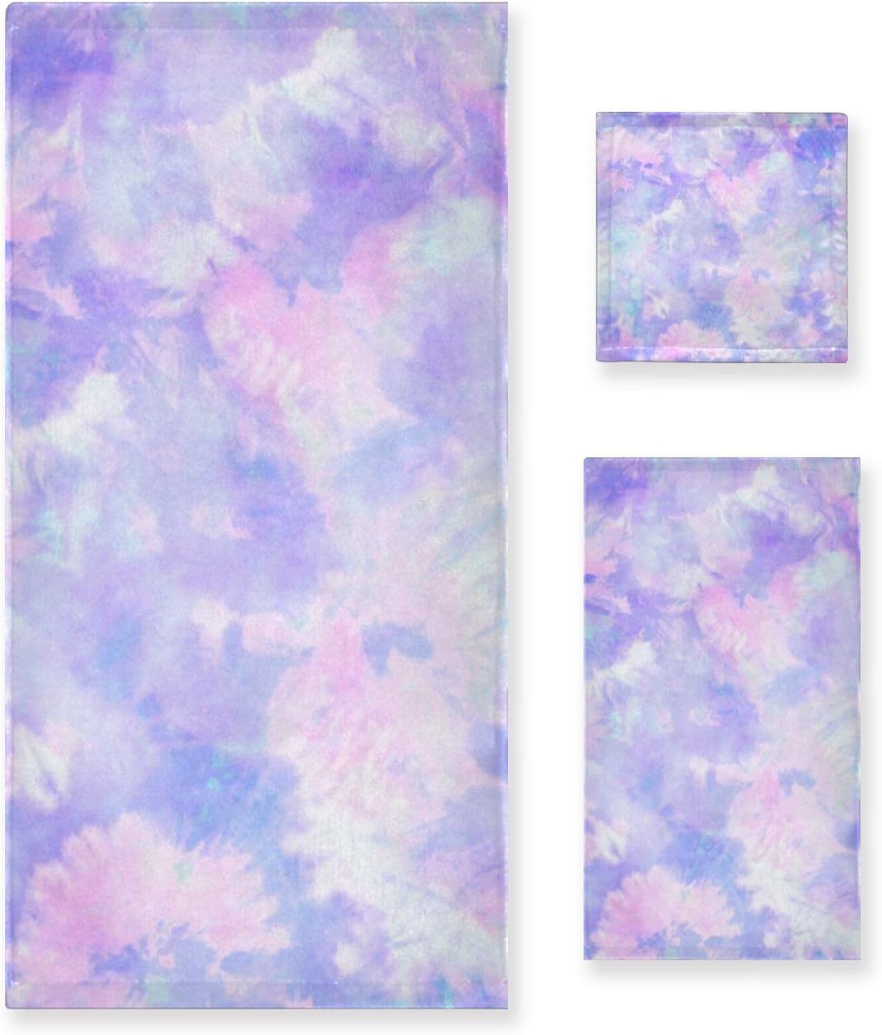 Juego de toallas de 3 piezas con estampado de teñido anudado morado, 1 toalla de baño, 1 toalla de mano, 1 paño de lavado, toallas de secado rápido