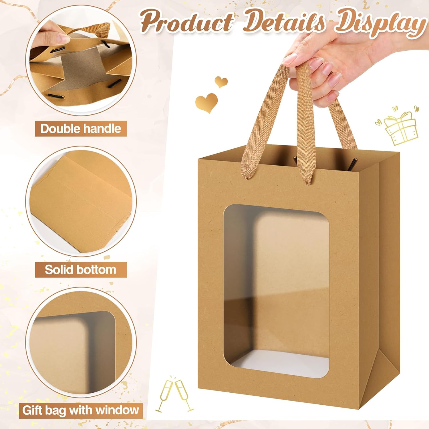 Zhanmai 36 bolsas de regalo con ventana transparente, bolsas de papel transparente con pañuelos de 10 x 7 x 5 pulgadas, bolsas de papel kraft con