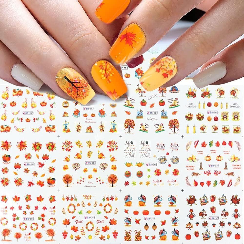 Calcomanías de arte de uñas de otoño, suministros de uñas de transferencia de agua de otoño, calcomanías de uñas con diseño de calabazas, ginkgo y