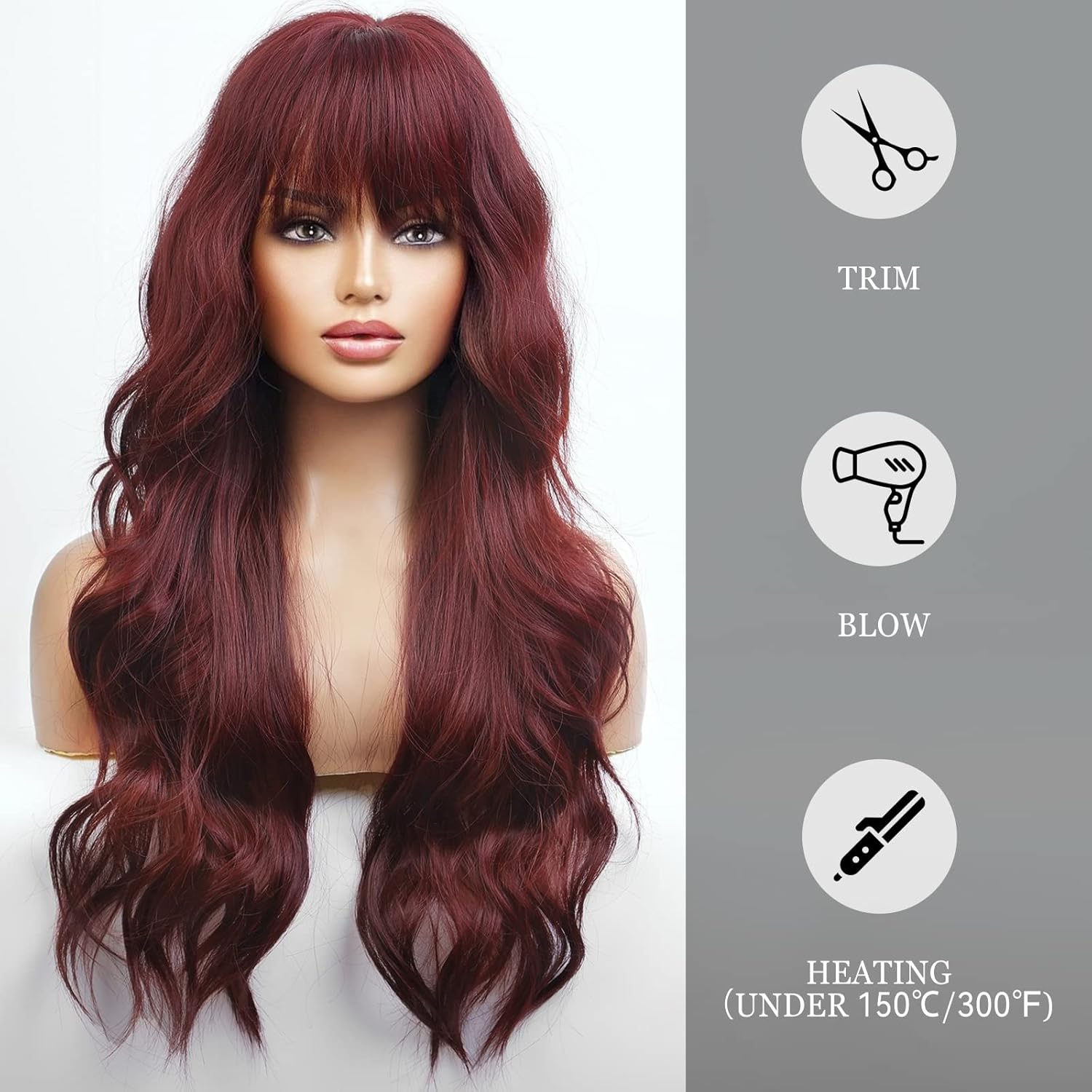 HAIRCBE – Peluca larga roja con flequillo, pelucas rizadas burdeos para mujer, peluca sintética resistente al calor, para uso diario