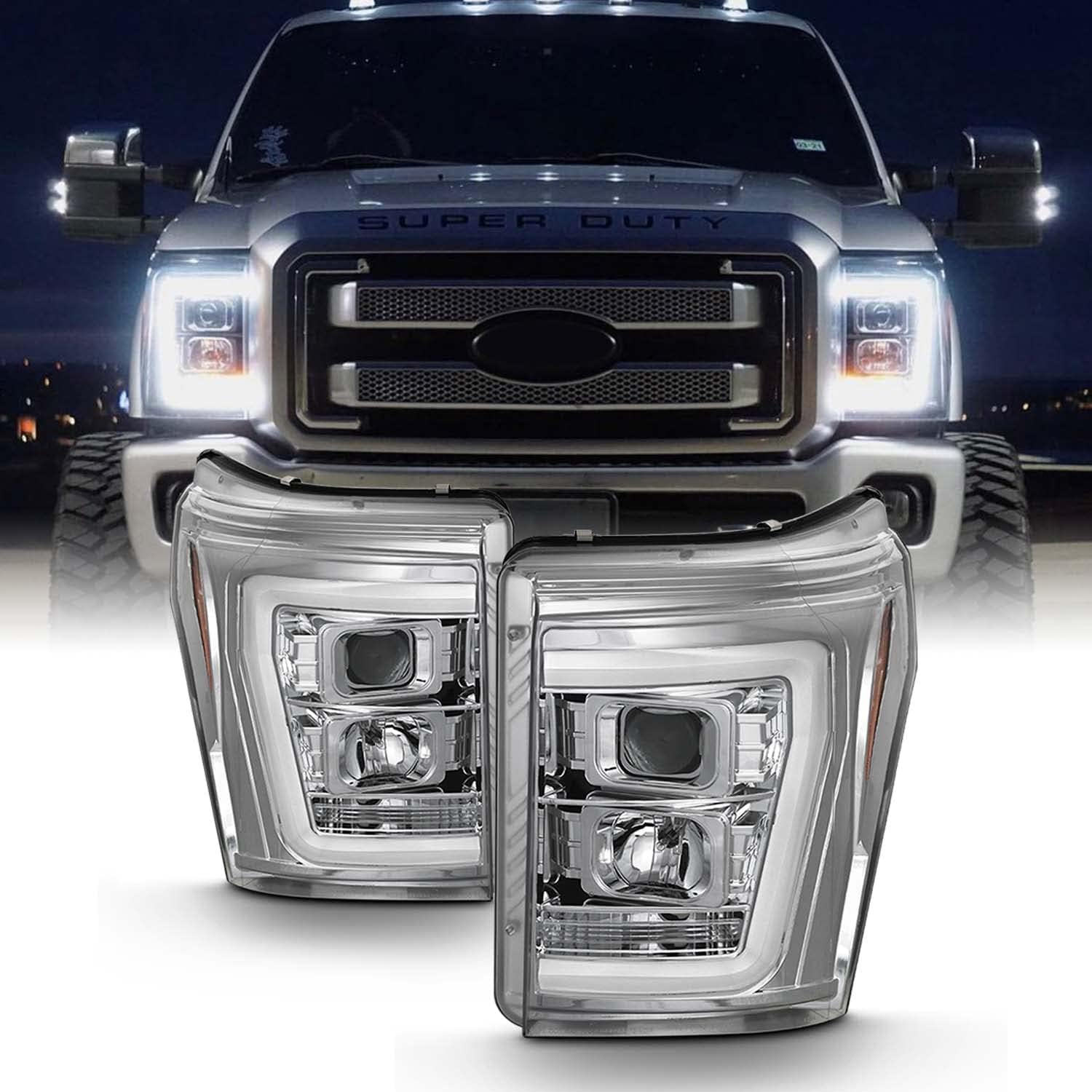 AKKON – Para 2011-2016 Ford F250 F350 F450 F550 Superduty LED Tube Chrome Proyector Faros Conductor+Pasajero Par
