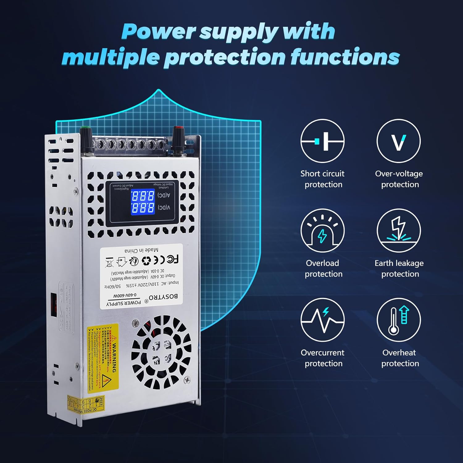 BOSYTRO Fuente de alimentación de CC ajustable de 60 V, 600 W, fuente de alimentación conmutada CA 110V220V a CC 0-60V DC Convertidor con pantalla