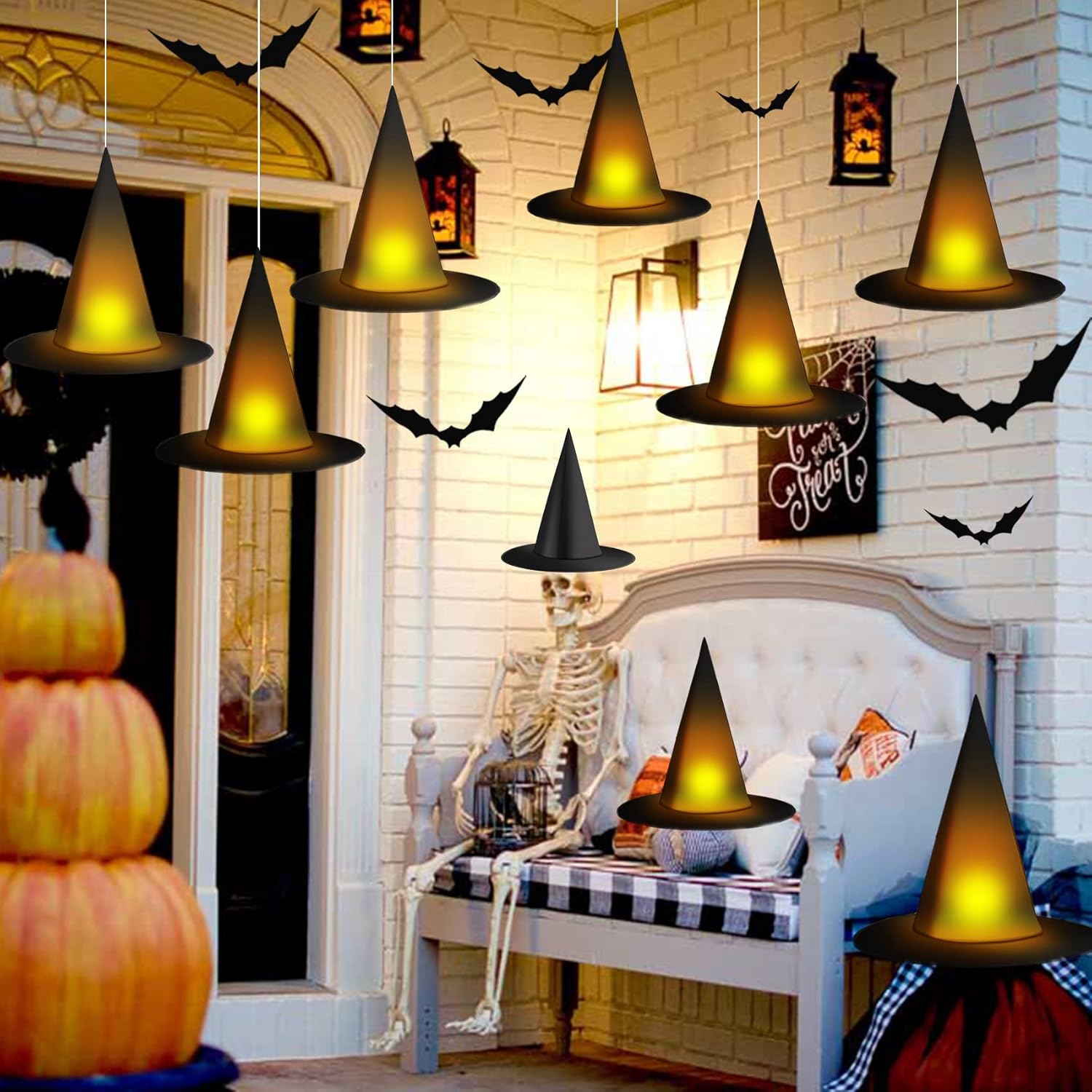 taupphoo 24 sombreros de bruja negros de Halloween, sombreros de bruja flotantes iluminados con control remoto, luces de té, murciélagos 3D,