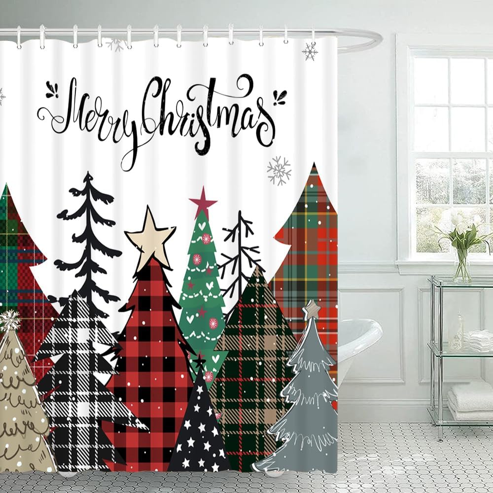 Lofaris Cortina de ducha de árbol de Navidad, diseño de búfalo rojo, a cuadros, pino, copo de nieve, tela impermeable, vacaciones, invierno, Año