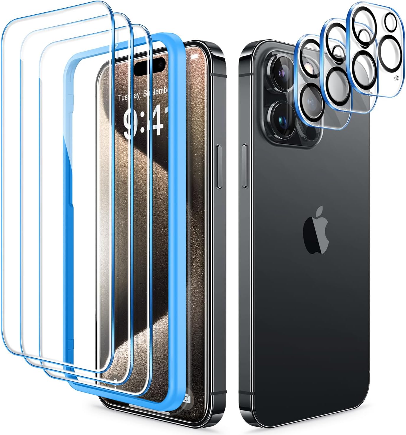 CANSHN Paquete de 3+3 protectores de pantalla compatibles con iPhone 15 Pro Max