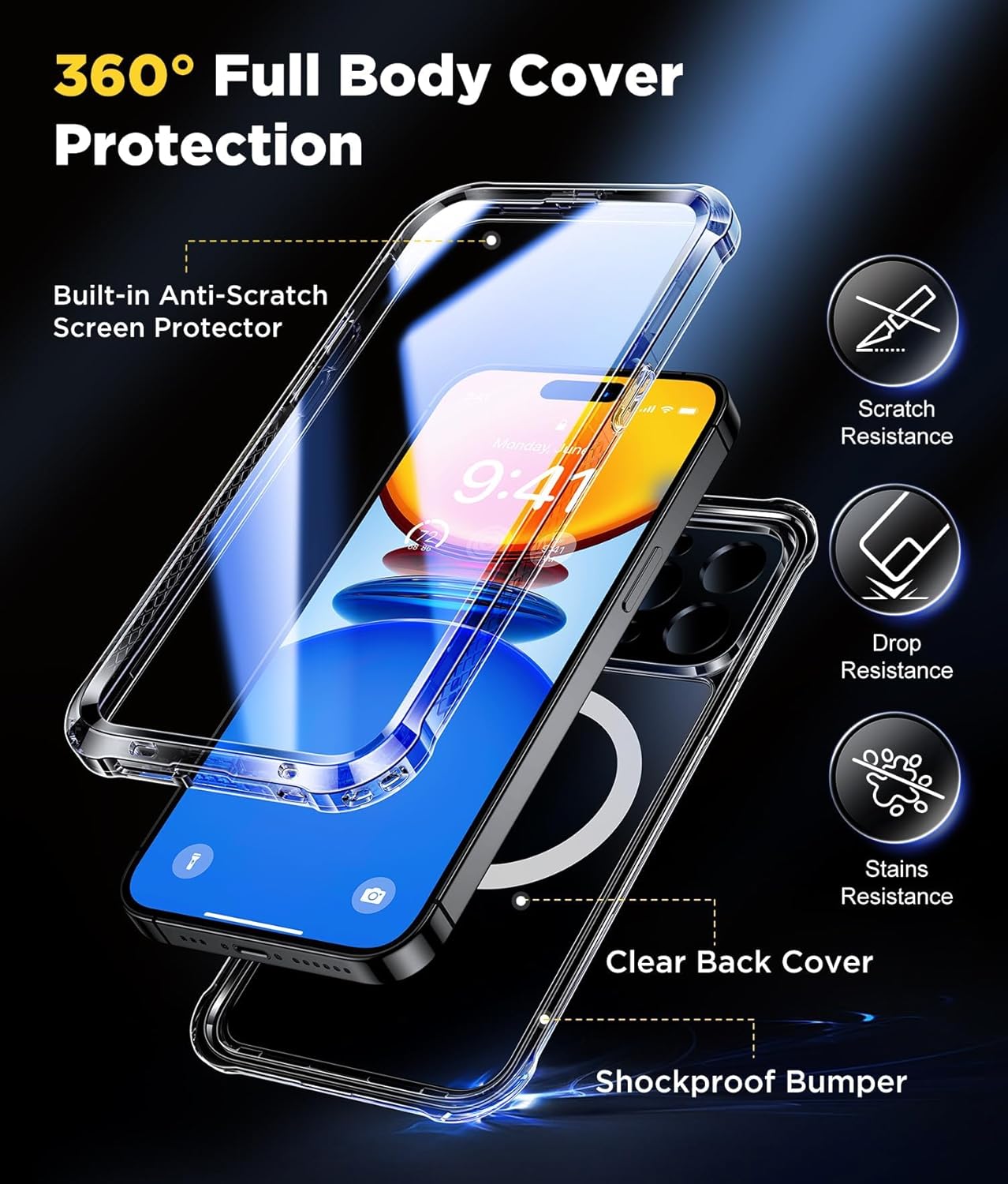 Humixx Funda magnética impermeable para iPhone 15 Pro Max transparente IP68 a prueba de vida subacuática compatible con Magsafe de cuerpo completo a