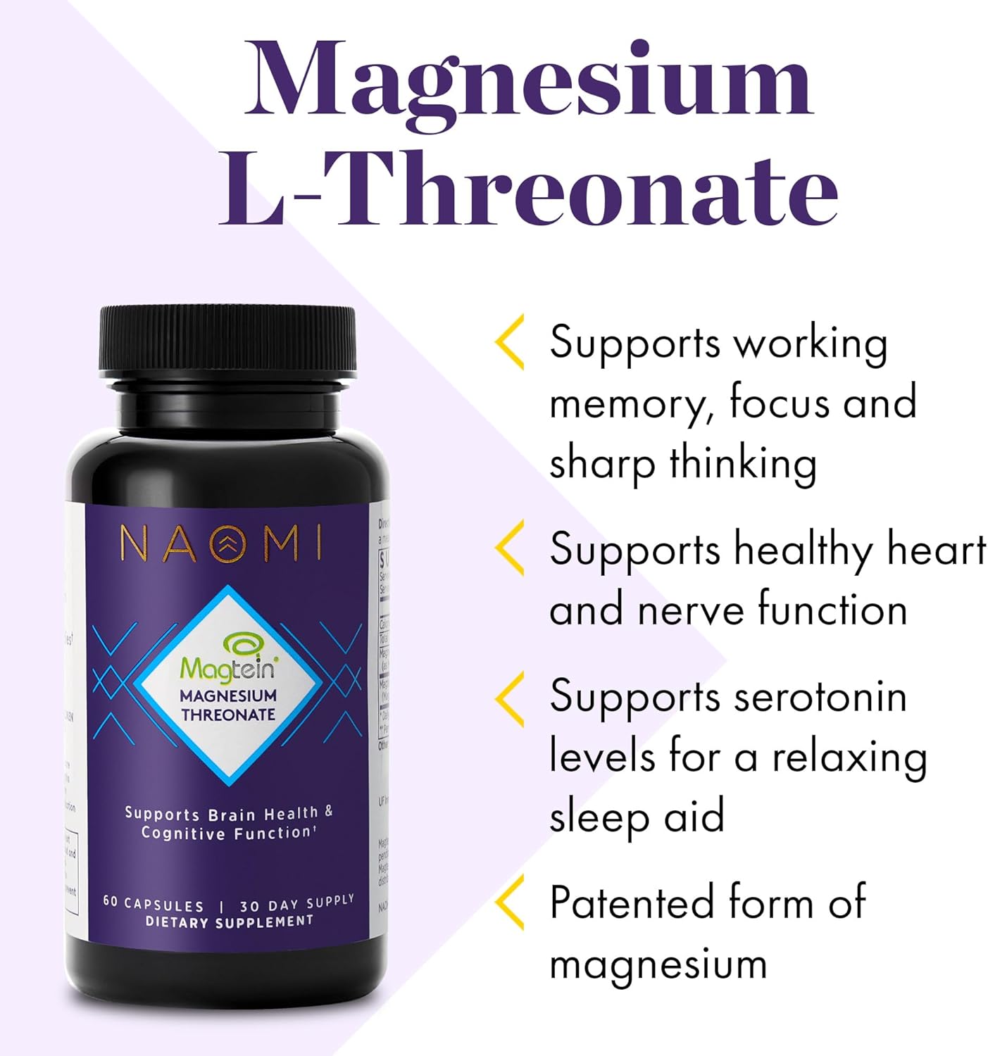NAOMI Cápsulas de L-treonato de magnesio de 144 mg, 60 unidades, promueve la salud cerebral, apoya la función saludable del corazón y los nervios,