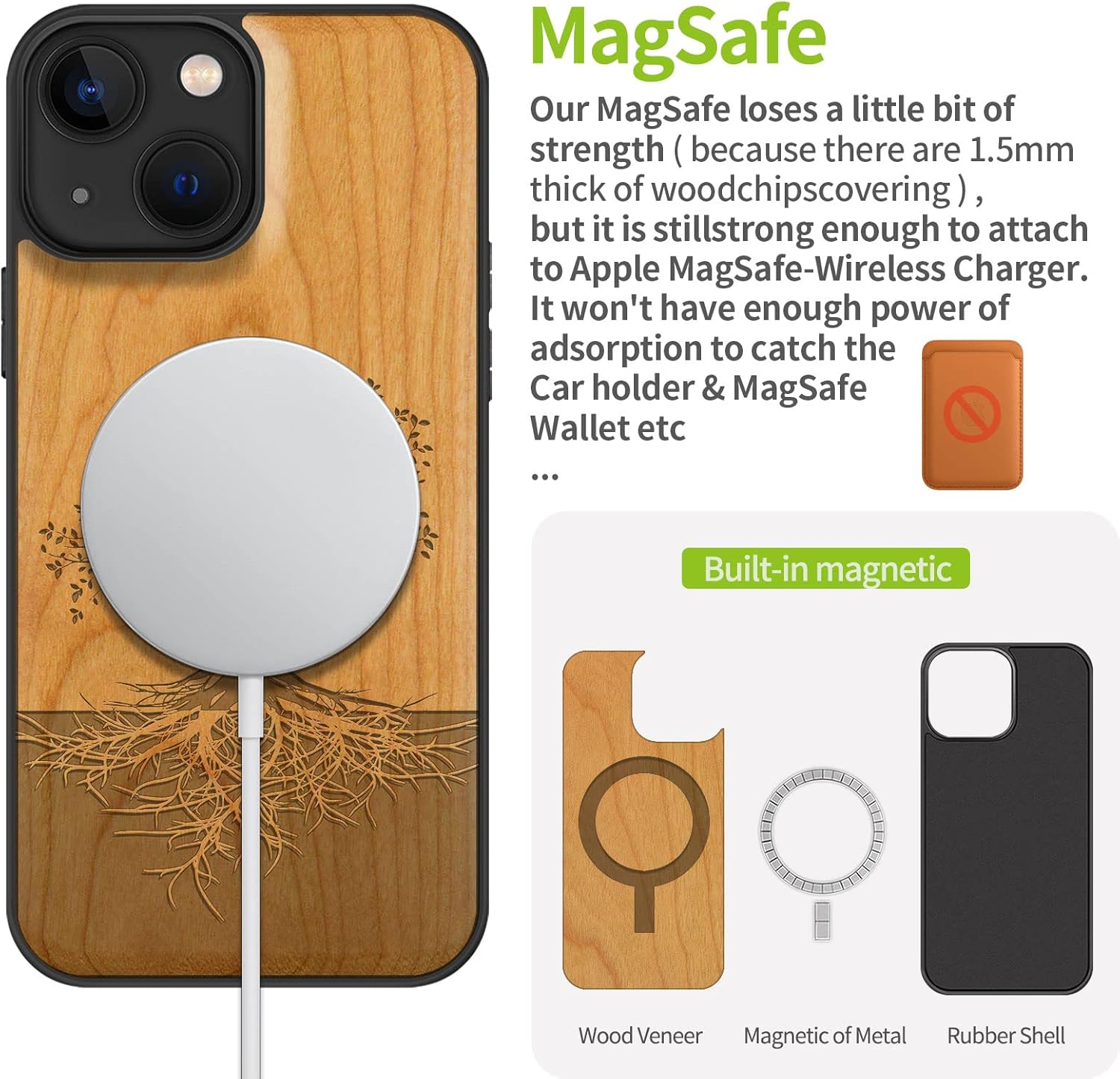 Carveit Funda magnética de madera para iPhone 13 Mini, madera real dura y TPU suave negro, a prueba de golpes, funda de madera única y elegante