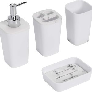 KRALIX Shais – Juego de accesorios de baño de 4 piezas, incluye soporte para cepillos de dientes, dispensador de loción, jabonera y vaso, color KRALIX Shais – Juego de accesorios de baño de 4 piezas, incluye soporte para cepillos de dientes, dispensador de loción, jabonera y vaso, color