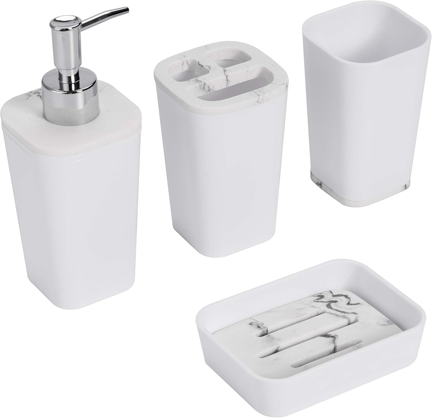 KRALIX Shais – Juego de accesorios de baño de 4 piezas, incluye soporte para cepillos de dientes, dispensador de loción, jabonera y vaso, color