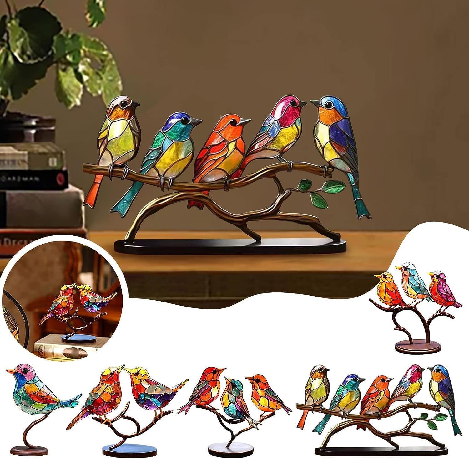 Adornos de escritorio de pájaros en rama, acrílico manchado de doble cara, estatua multicolor de colibrí, escultura de pájaro de arte de metal,