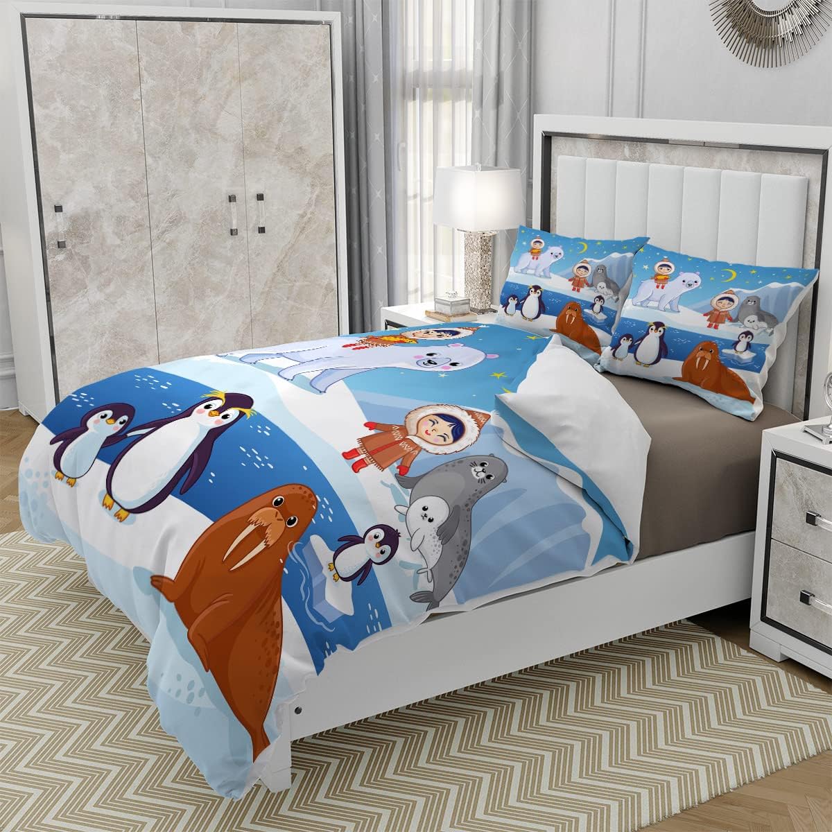Juego de funda de edredón de animales árticos, tamaño King, bonito diseño de pingüino y oso polar, funda de edredón para dormitorio de adolescentes,