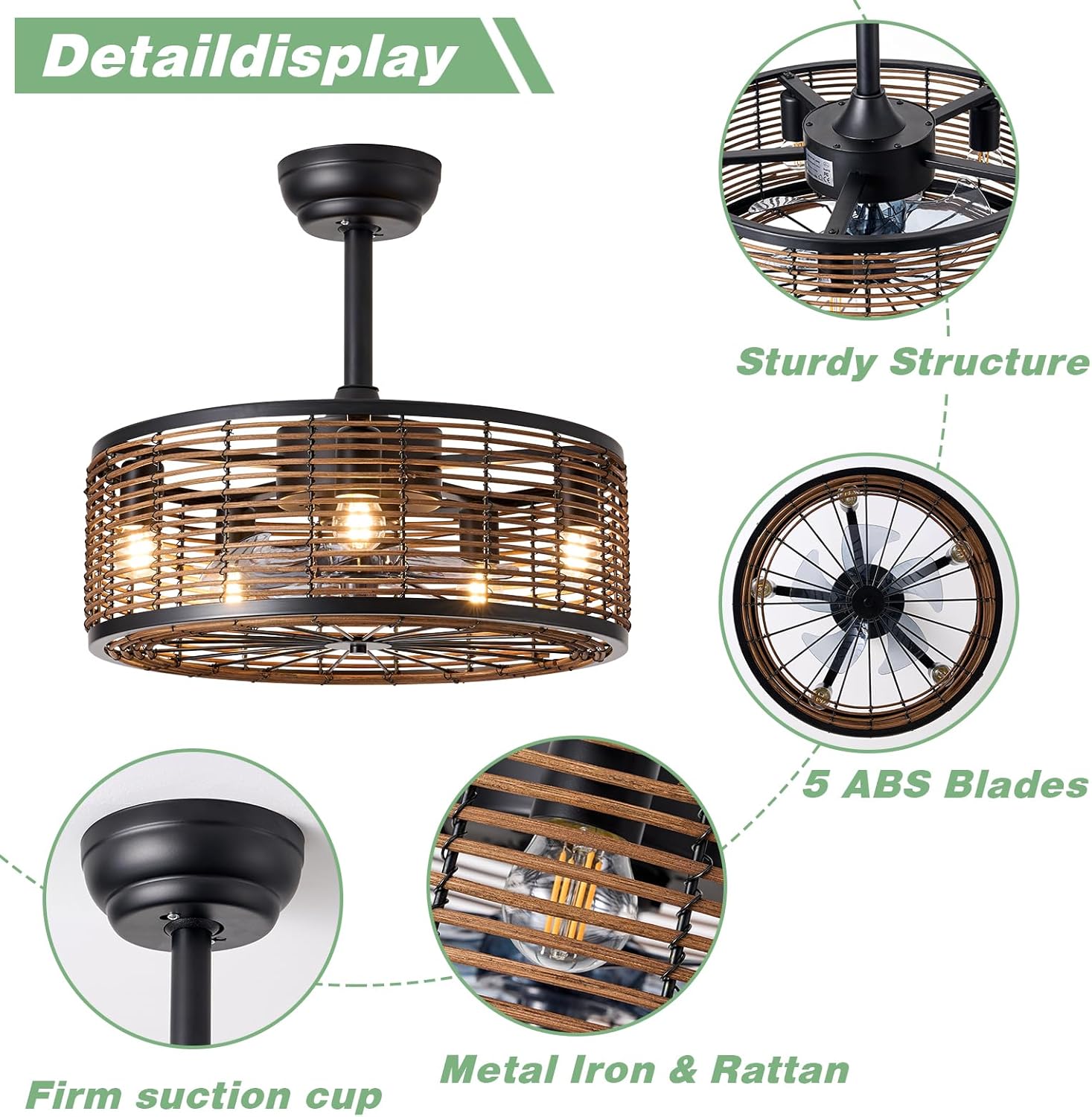 HOMKEA Ventilador de techo bohemio de ratán con control remoto de luz, montaje empotrado, ventiladores de techo enjaulados de granja de 20 pulgadas