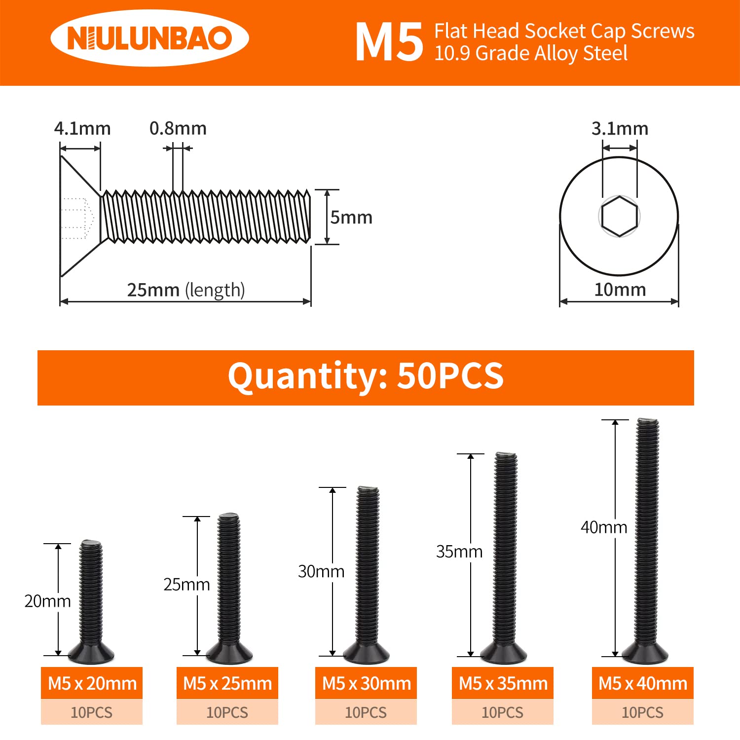 Tornillos avellanados de cabeza plana M5 x 0.787 in, 0.984 in, 1.181 in, 1.378 in, 1.575 in, tornillos avellanados, acero de aleación de grado 10.9,