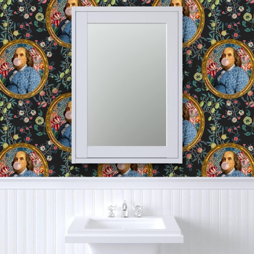 Spoonflower Muestro de papel tapiz extraíble – Bubblegum Ben Franklin Presidente Floral Print Charcoal Novedad Papel pintado personalizado pre-pegado
