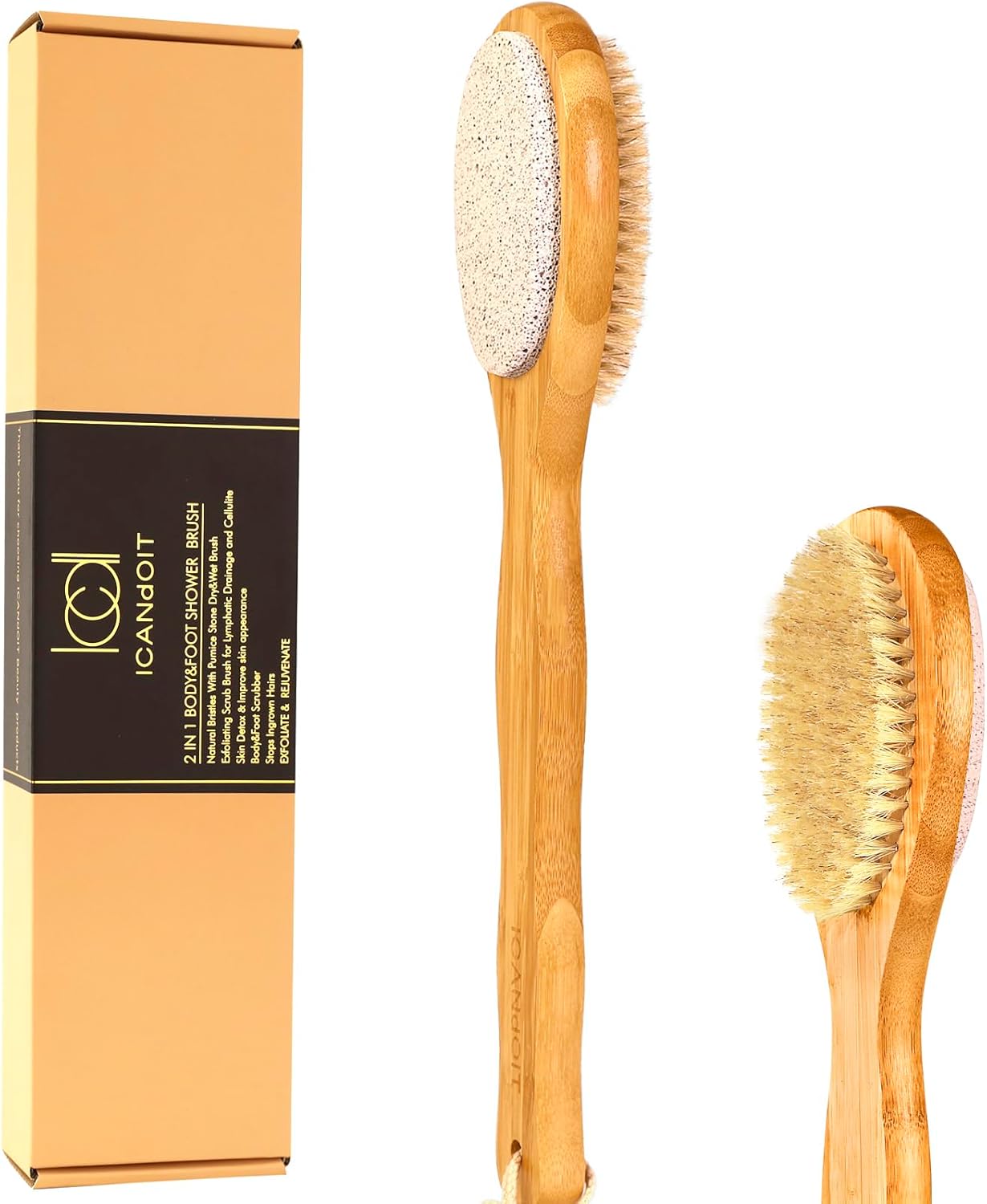 Cepillo de baño y ducha de mango largo 2 en 1, cepillo de baño, cerdas de jabalí con piedra pómez, exfolia y suaviza la piel, cepillo corporal de