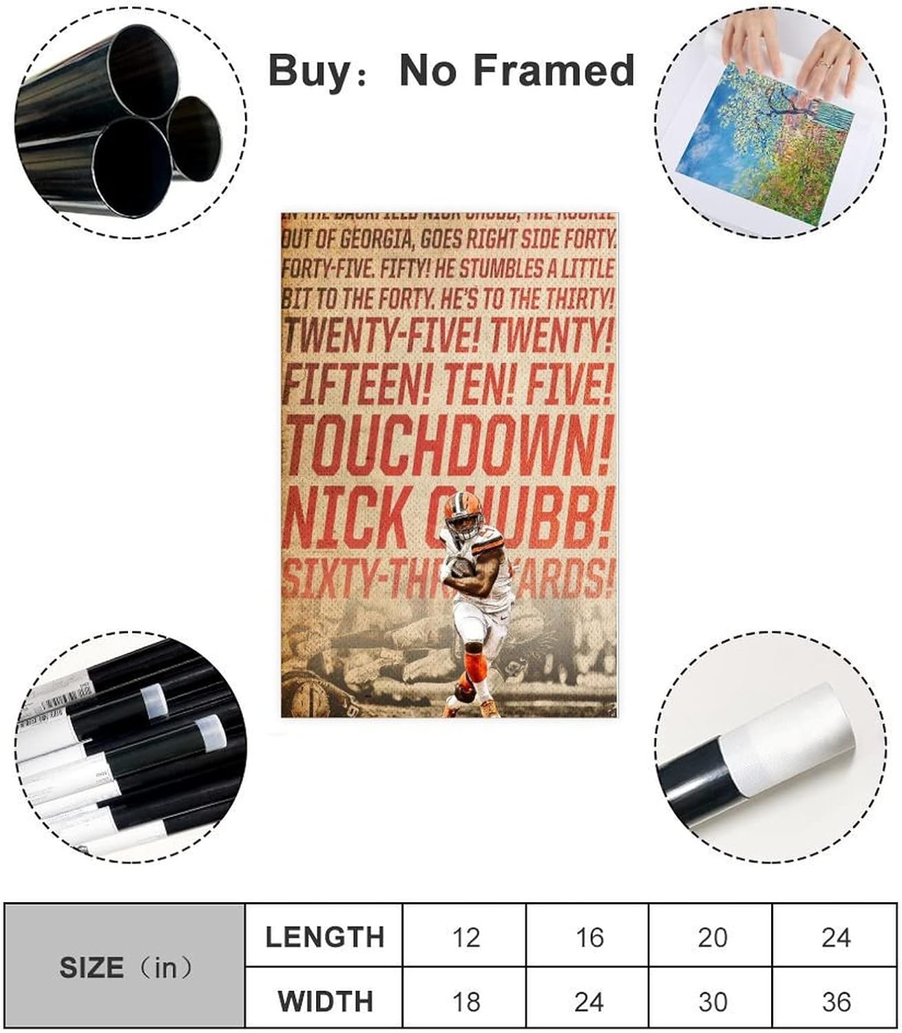 Póster de Nick Chubb de lona deportiva, 5 pósteres de lienzo para decoración de pared, pinturas para sala de estar, dormitorio, sin marco, 16 x 24
