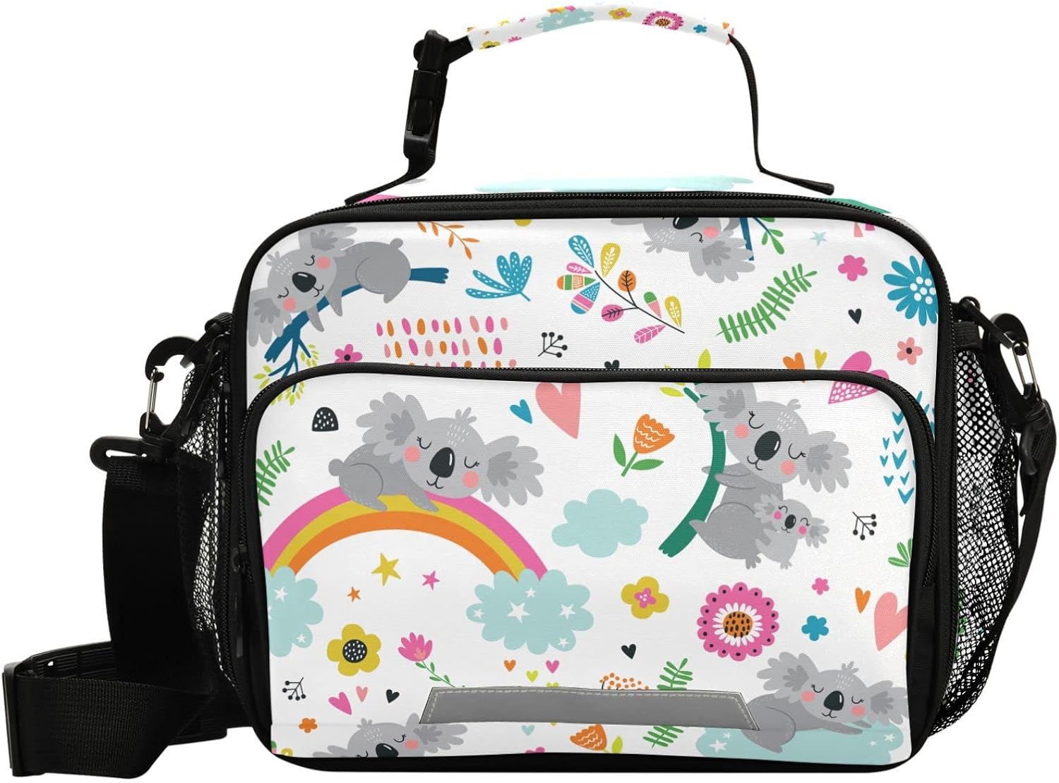 Linda lonchera con estampado de flores de koala para niños y niñas, bolsa de almuerzo aislada para niños, correa de hombro, reutilizable, para la