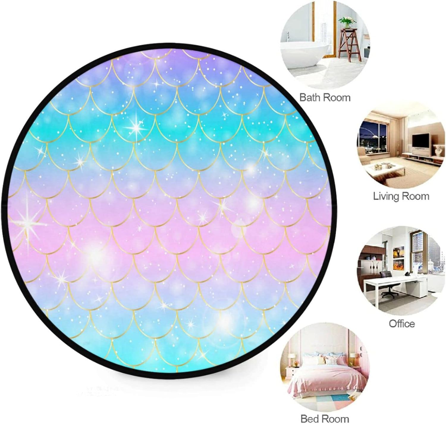 DIGTIA Alfombra redonda de 3 pies para dormitorio, lavable, con purpurina, escamas de sirena, alfombra antideslizante con respaldo de goma, azul,