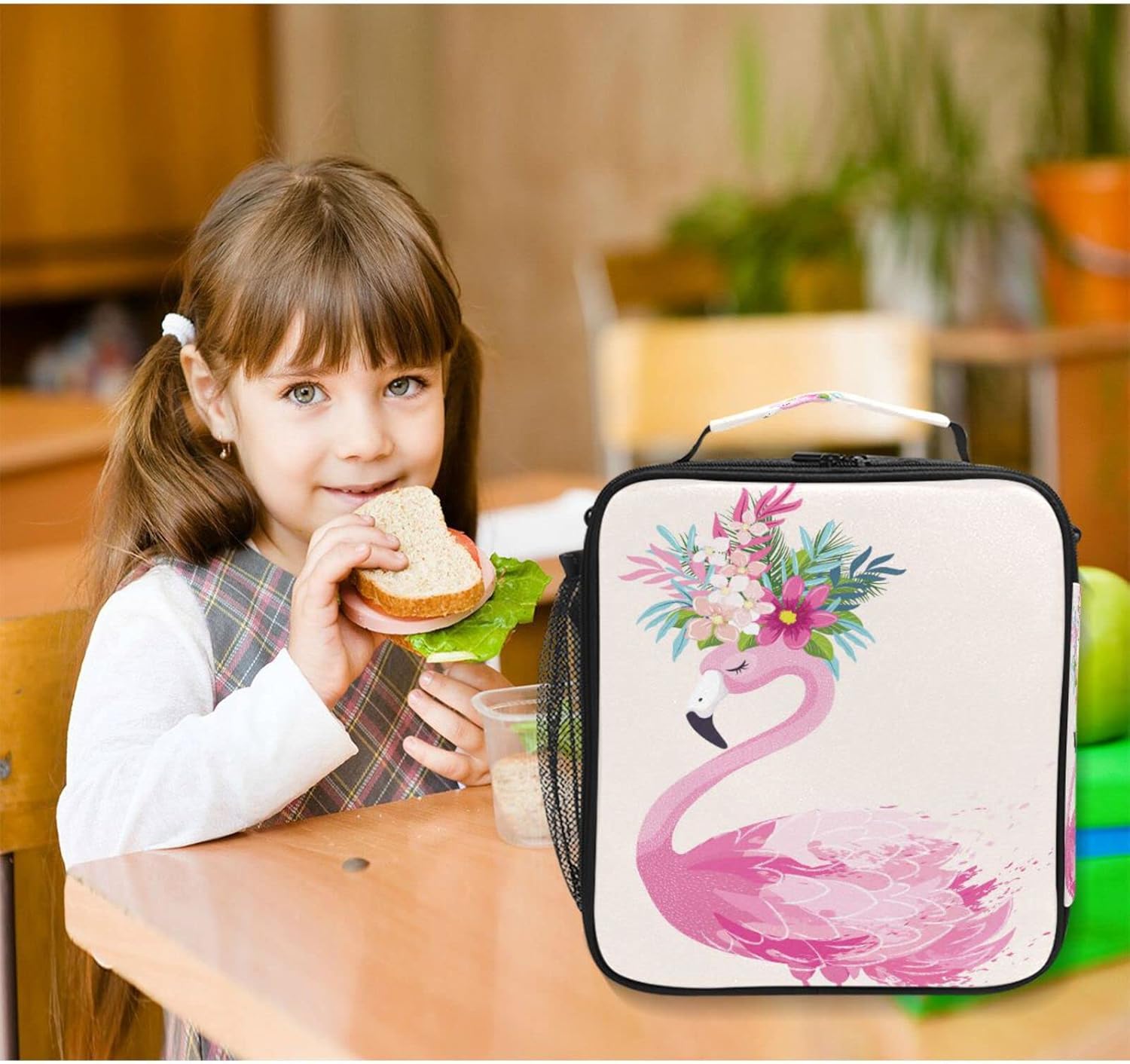 ALAZA Lonchera con diseño de flores de flamenco para niñas y niños, bolsa de almuerzo reutilizable, kit de bolsa de almuerzo congelable, correa para