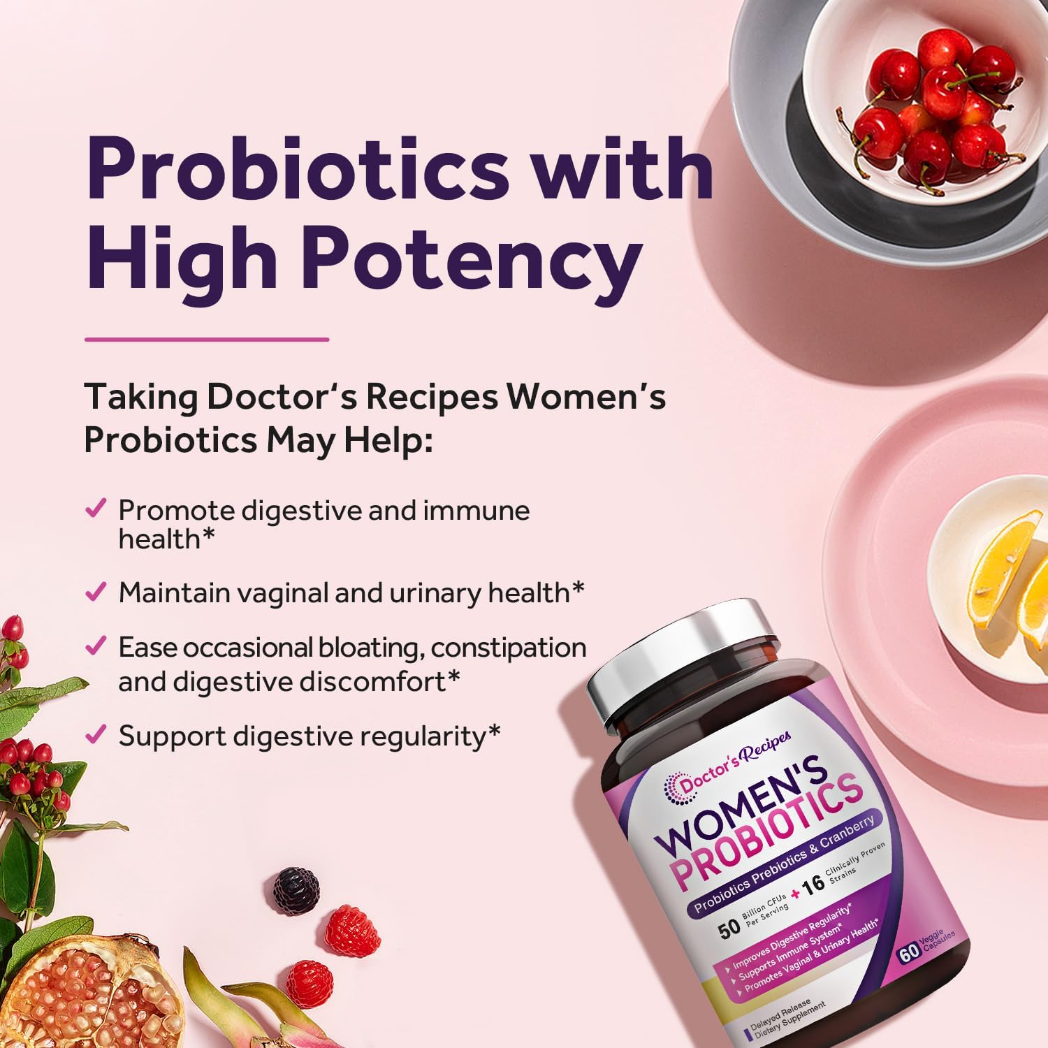 Doctor’s Recipes Probióticos para mujeres, 50 mil millones de UFC, 16 cepas, con prebióticos orgánicos de arándano, estable en el almacenamiento,
