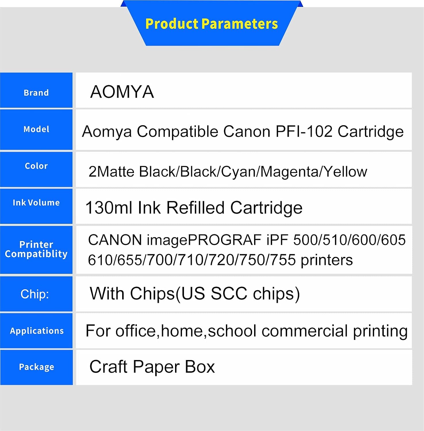 Aomya Cartucho de tinta compatible Canon PFI-102 pfi 102 para ImagePrograf iPF500 510 600 605 610 650 655 700 710 720 750 755 760 765 130ML cartucho