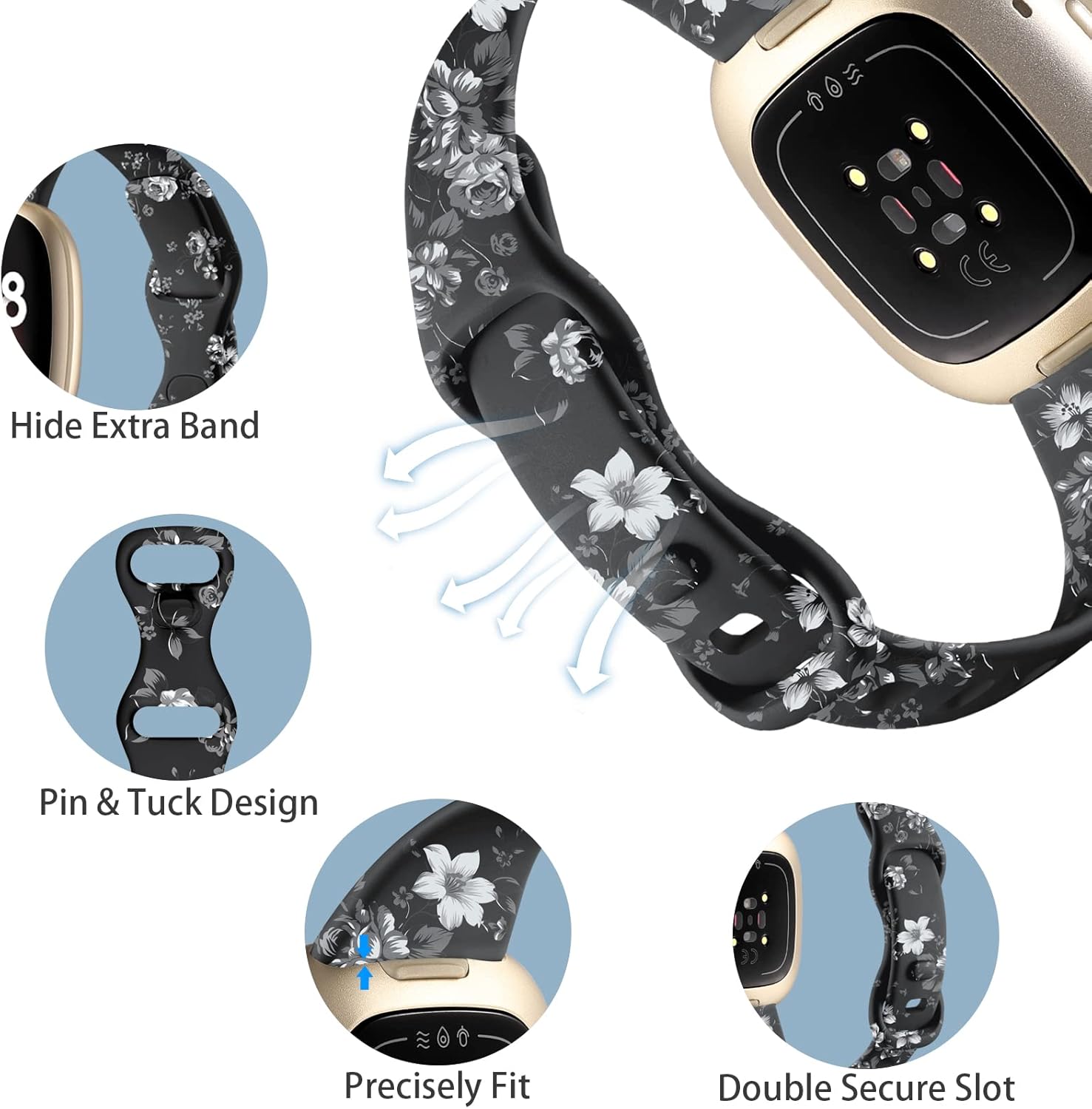 Getino Compatible con correas Fitbit SenseFitbit Versa 3Versa 4 bandas para mujeres y niñas, accesorios impresos florales de doble cara, correa
