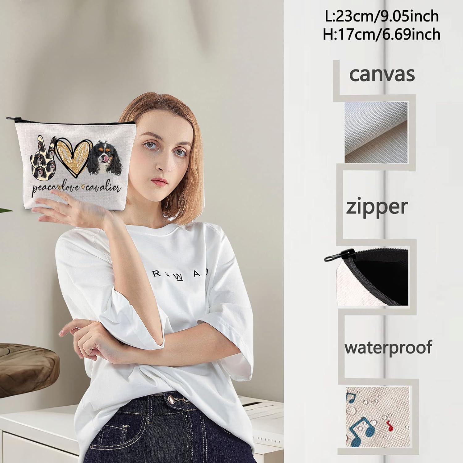 LEVLO Cavalier – Bolsa de maquillaje cosmética para perro, regalo para amantes de los perros, paz, amor, caballero, maquillaje, bolsa con