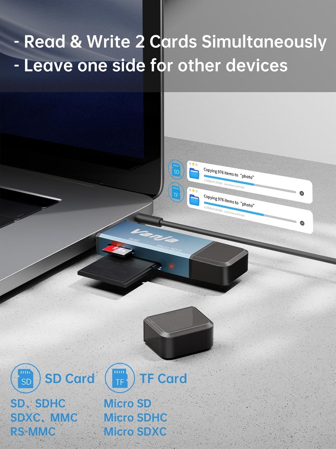 Vanja Lector de tarjetas SD, adaptador de tarjeta micro SD USB CUSB 3.0, lector de tarjetas de memoria para SDMicro SDSDHCSDXCMMC, compatible con