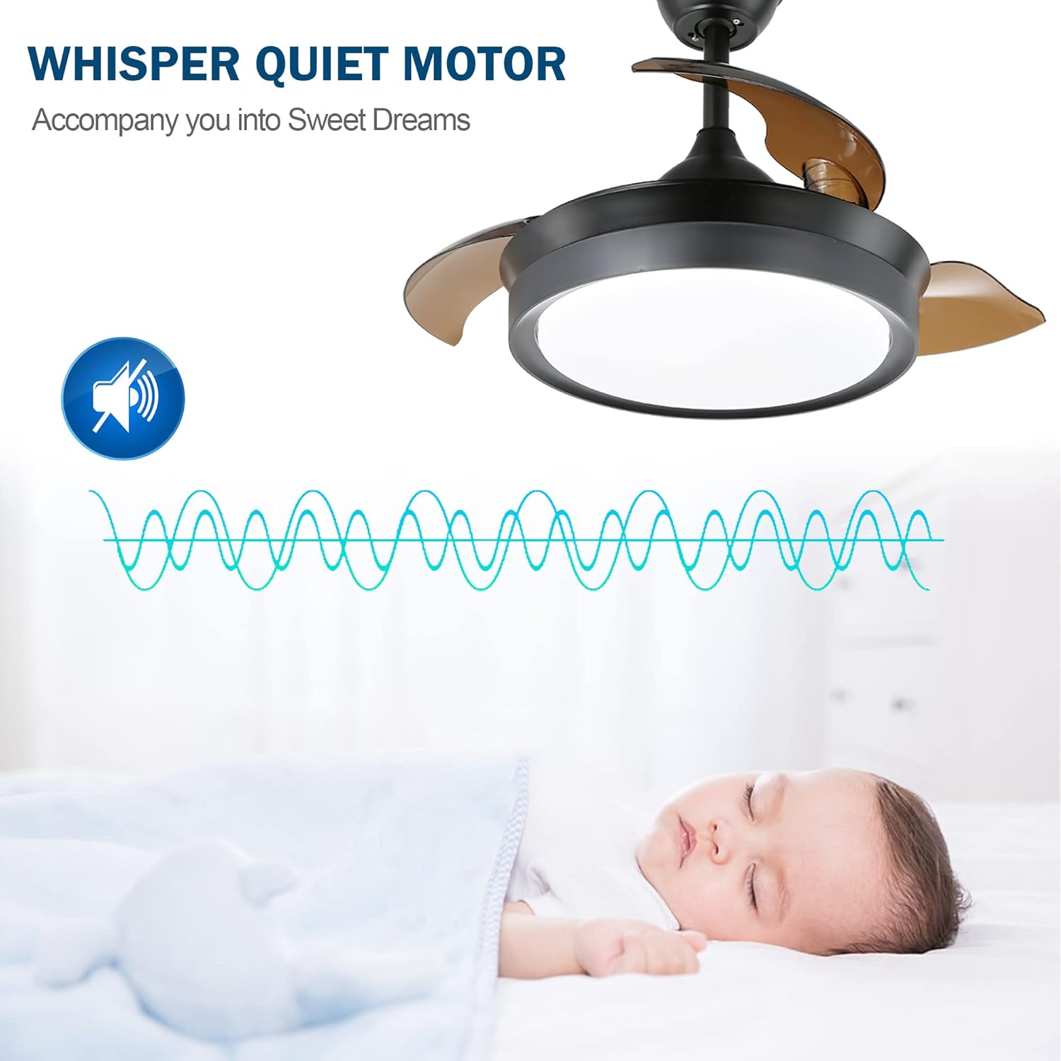 Dawn Whisper Ventilador de techo retráctil de 36 pulgadas con luces y control remoto, moderno ventilador de techo con aspas retráctiles, motor