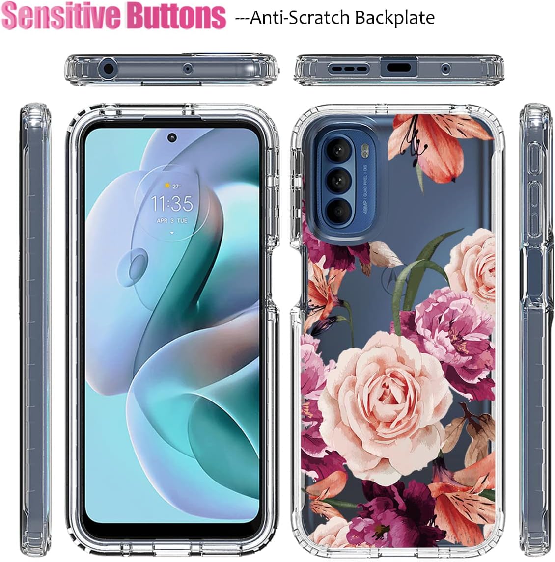 Funda para Moto G31Moto G41 XT2167-1 con protector de pantalla de vidrio templado, cuerpo completo, transparente, flexible, con diseño floral,