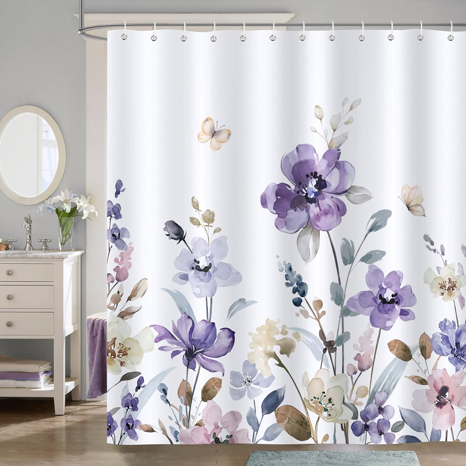 Bonhause Cortina de ducha floral morada, cortina de baño de 72 x 72 pulgadas, tela de poliéster impermeable con 12 ganchos