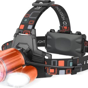 Linterna frontal recargable naranja, 10000 lúmenes, LED súper brillante, 4 modos, recargable por USB, impermeable, ajustable, lente zoomable, 1 año Linterna frontal recargable naranja, 10000 lúmenes, LED súper brillante, 4 modos, recargable por USB, impermeable, ajustable, lente zoomable, 1 año