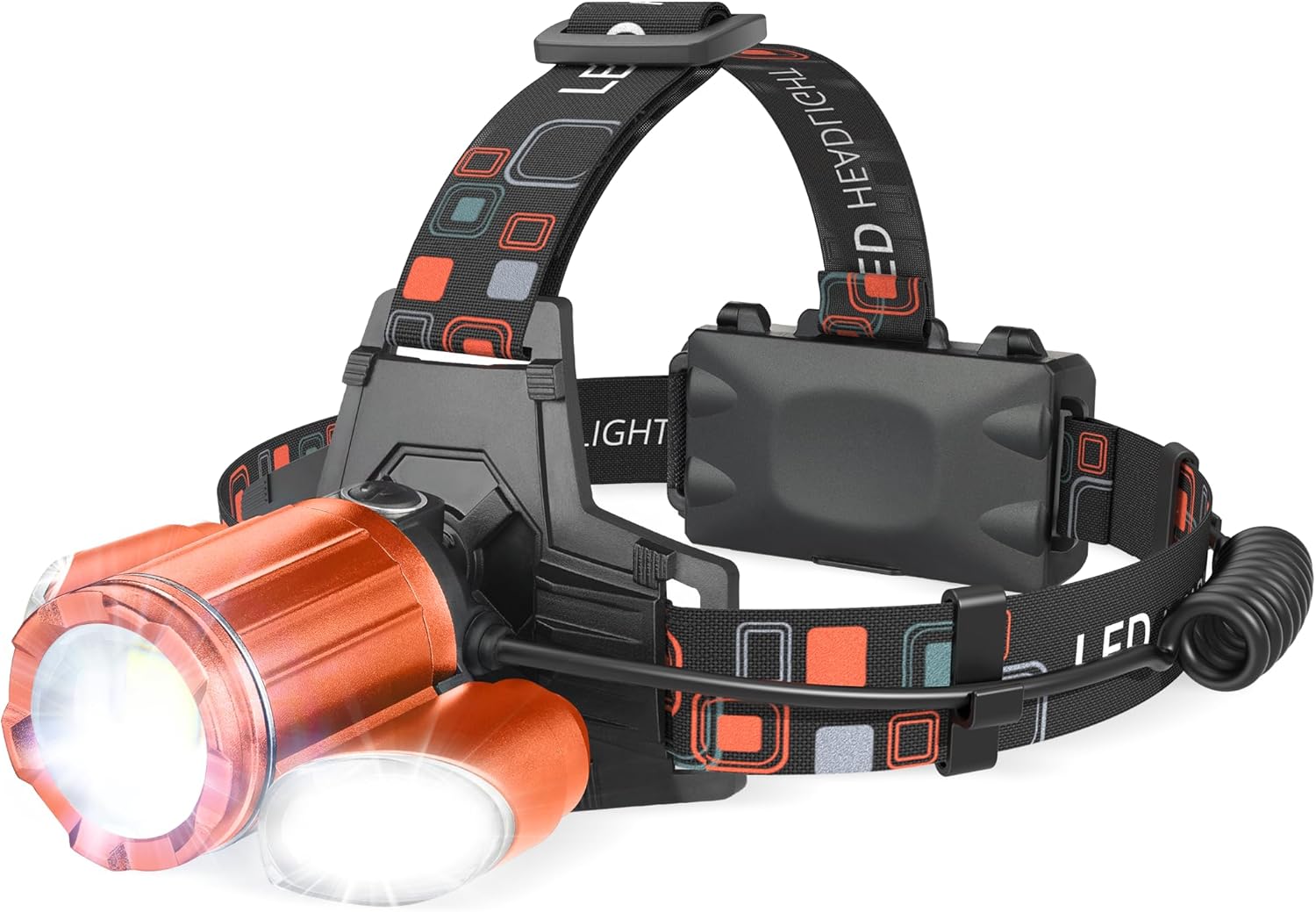 Linterna frontal recargable naranja, 10000 lúmenes, LED súper brillante, 4 modos, recargable por USB, impermeable, ajustable, lente zoomable, 1 año