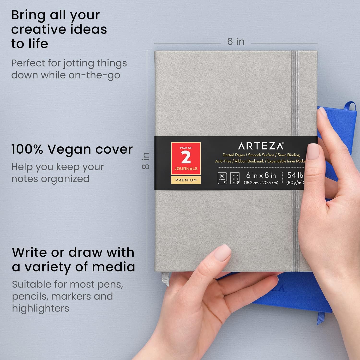 Arteza – Paquete de dos diarios de 6pulgadas x 8pulgadas, 96 hojas, color azul cobalto y gris, con tapa dura, papel de puntos suave para escribir o