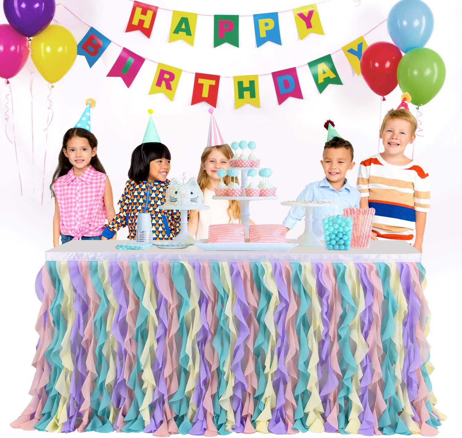 Mantel de unicornio rizado de sauce arcoíris para mesa rectangular de fiesta, falda de mesa de tul tutú para fiesta de cumpleaños, revelación de
