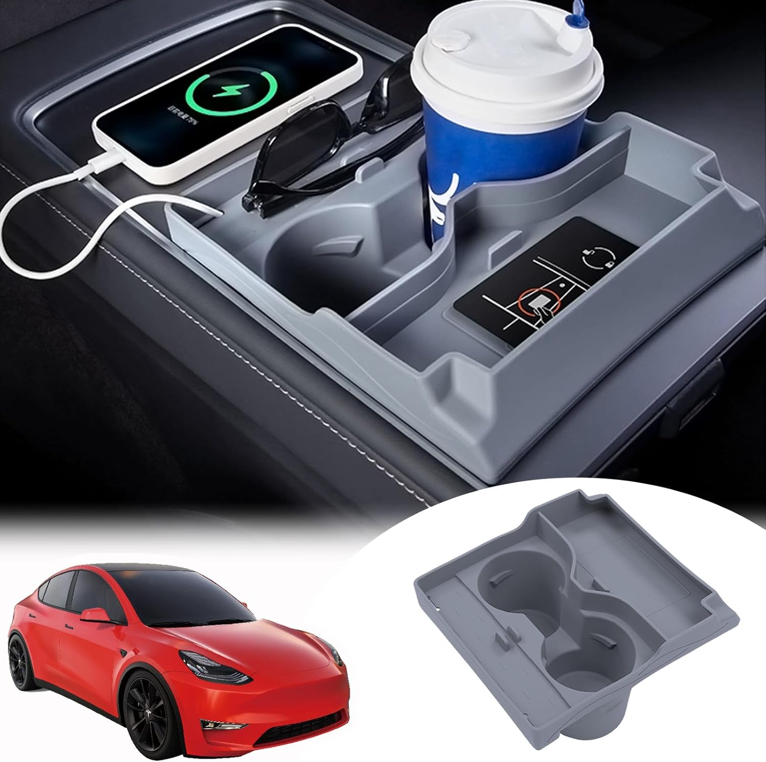 Portavasos para Tesla Modelo 3 Modelo Y Accesorios 2021-2023 Consola central Organizador de cables de datos USB, tarjeta de llave, soporte para