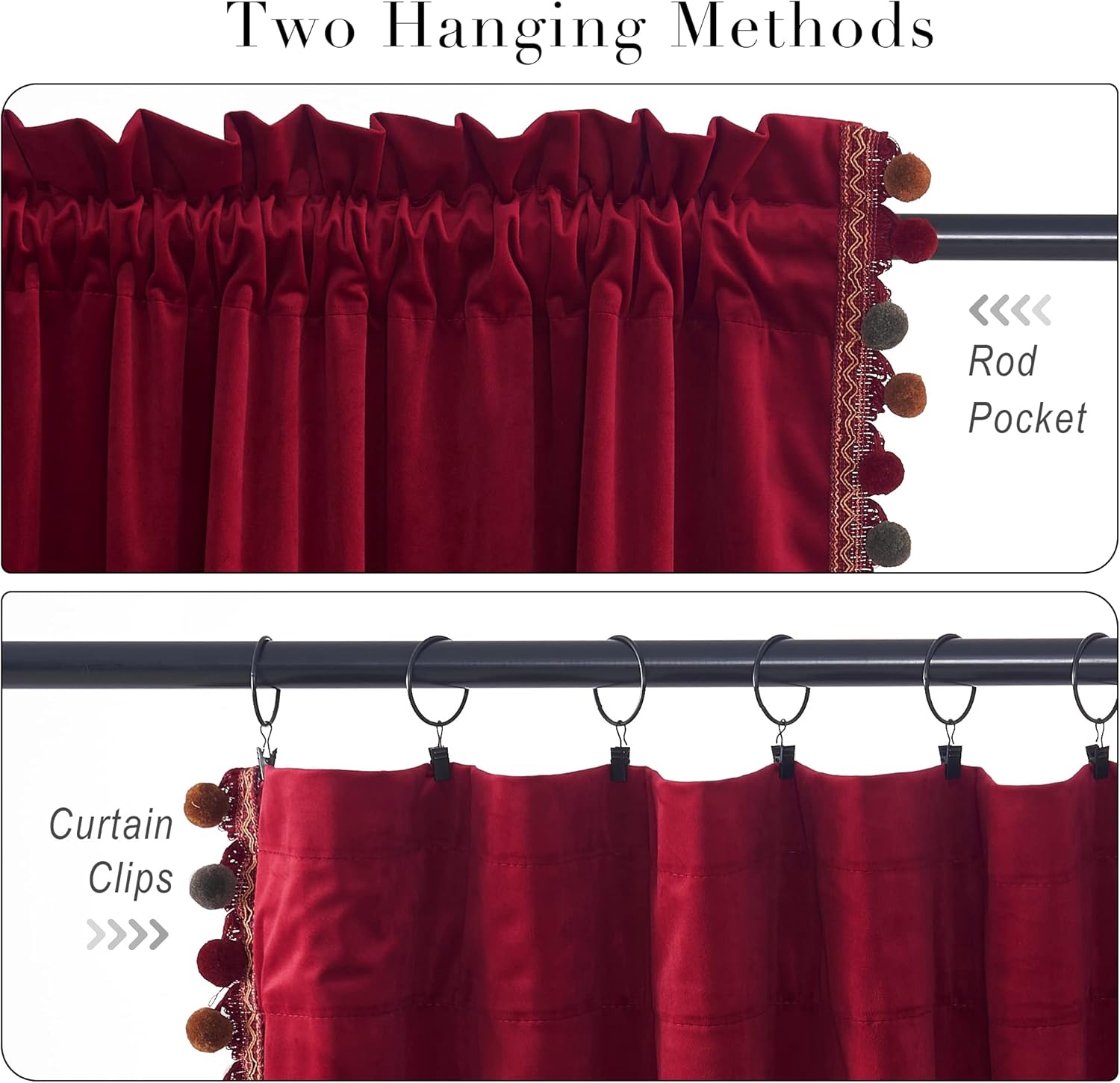 StangH Cortinas de terciopelo con pompones rojos de lujo, decoración del hogar navideña, con aislamiento térmico, para oscurecer la habitación, para