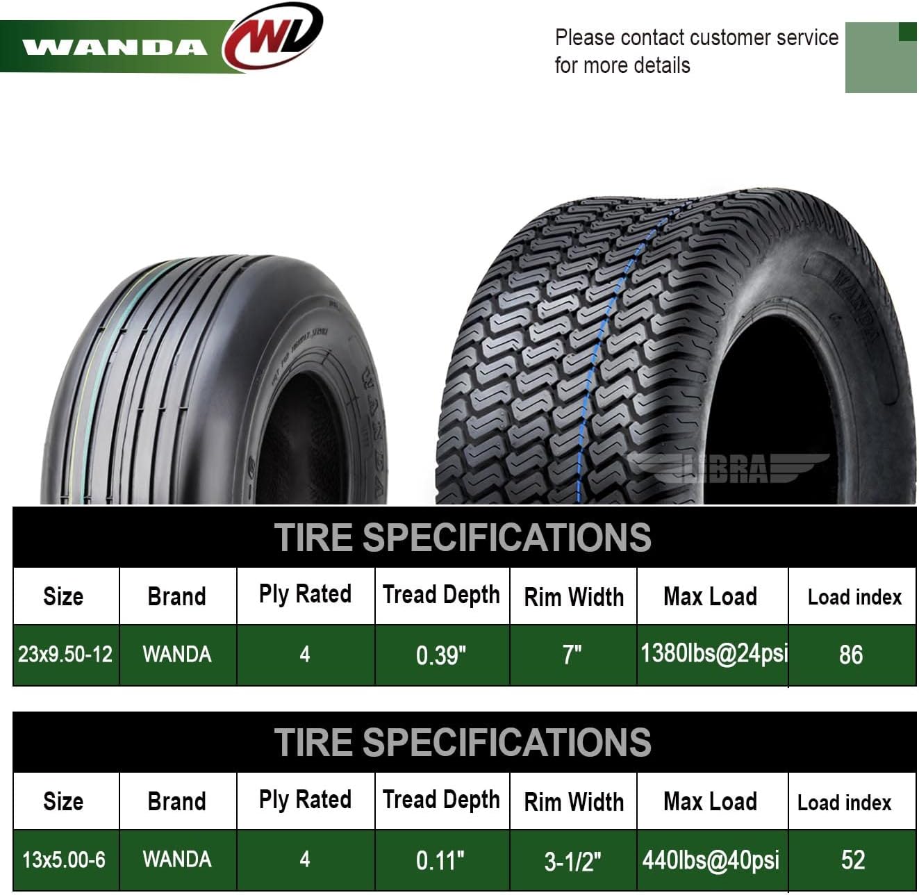 WANDA Juego de 4 neumáticos de césped para cortacésped de giro cero 13×5-6 delanteros y 23×9.5-12 traseros4PR -1308013047